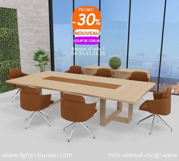 Magnifique table de réunion haut de gamme contemporaine en bois et cuir Littoral