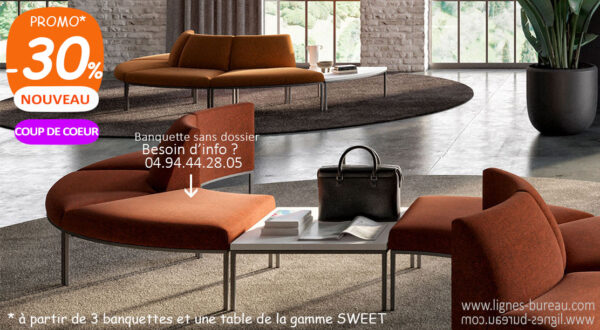 Banquette d’accueil courbe modulaire sans dossier, design, tissu Orange 284, SWEET