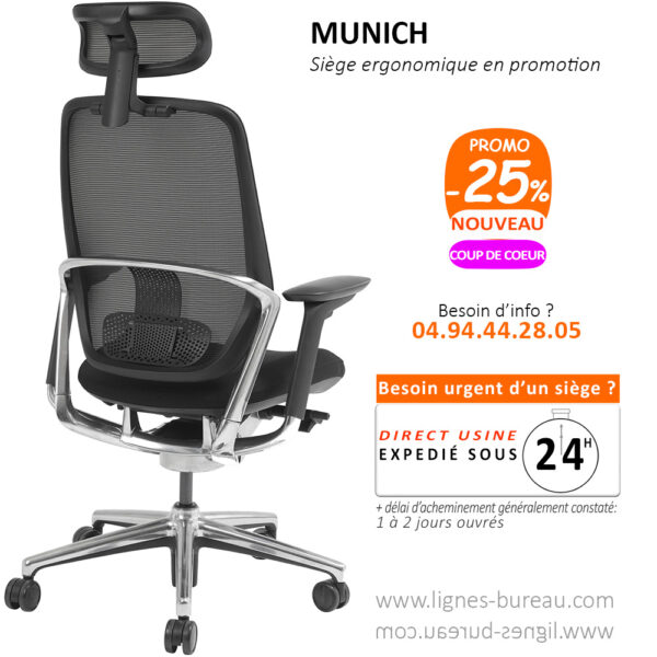 Fauteuil de bureau ergonomique, appui-tête, en promotion, Munich