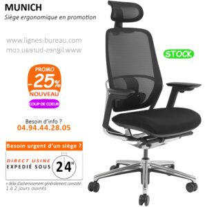 Fauteuil de bureau ergonomique avec appui-tête, noir, Munich