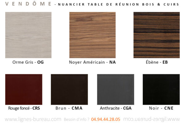 Nuancier table de réunion en bois et cuir luxueuse, Vendôme