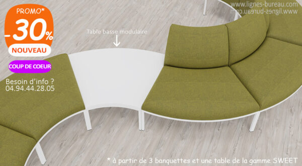 Table d’accueil basse courbe pour banquette modulaire Sweet