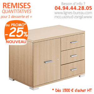 Desserte de bureau bois 3 tiroirs et porte, poignées noires, Linea