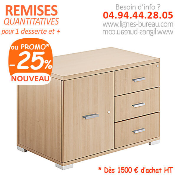 Desserte de bureau bois 3 tiroirs et porte, poignées noires, Linea