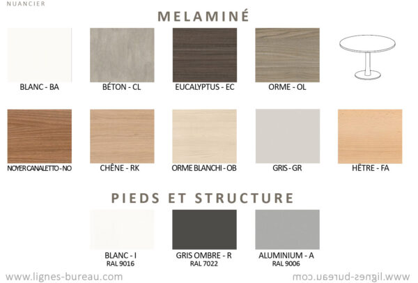 Nuancier de la petite table de réunion ronde avec pied central Comète