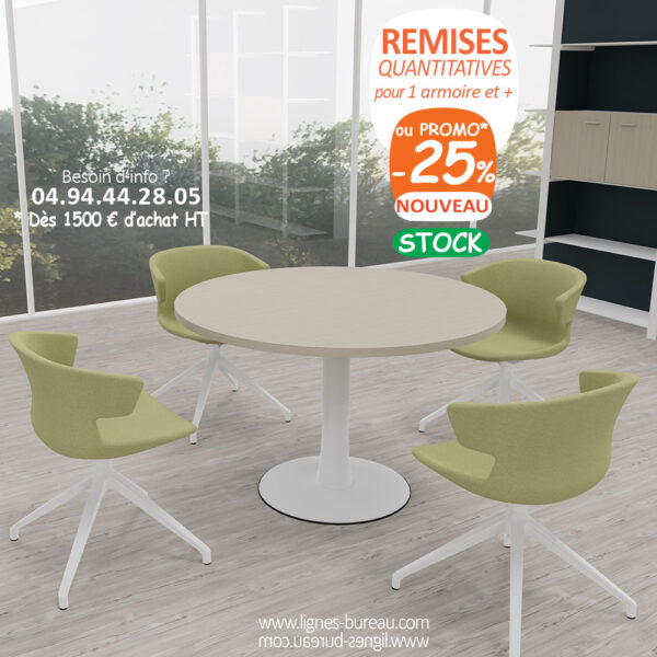 Table de bureau ronde pour réunir 4 personnes, Orme blanchi, Comète