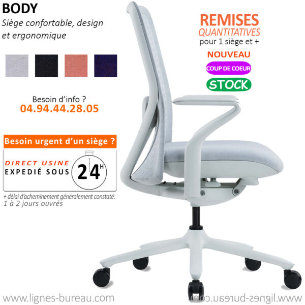 Fauteuil de bureau confortable, design, ergonomique, gris, Body