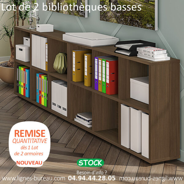 Bibliothèque basse de bureau design, 6 cases, Noyer, Book, Lot de 2