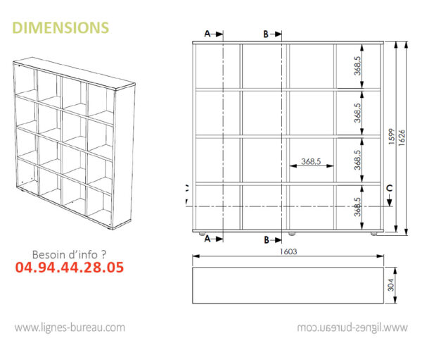 Dimensions des bibliothèques de bureau 16 cases, Book