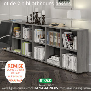 Étagère bibliothèque basse de bureau, 6 cases, Chêne gris, Book