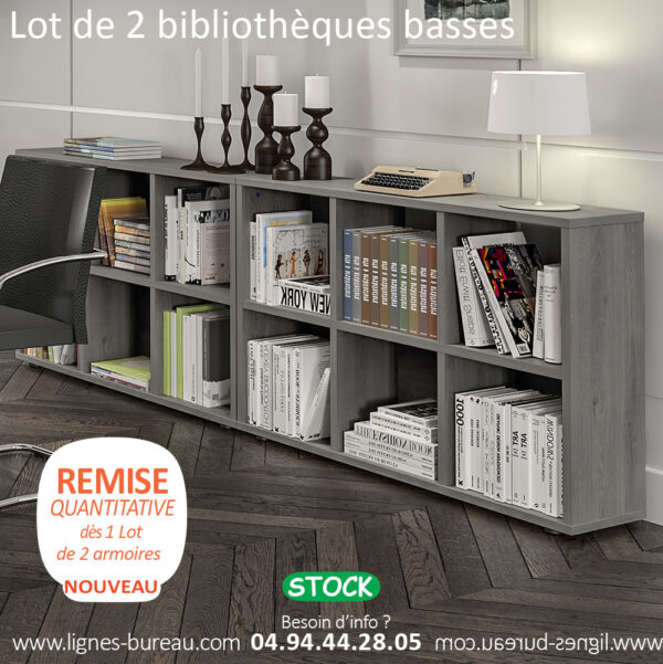 Étagère bibliothèque basse de bureau, 6 cases, Chêne gris, Book