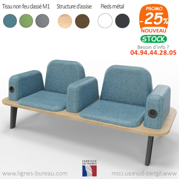 Canapé banquette connectée avec prises, 2 places, pour accueil, Félix