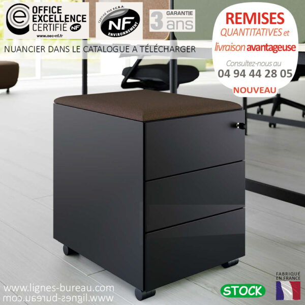 Caisson de bureau à roulettes 3 tiroirs design, métallique noir, avec coussin, Évolution