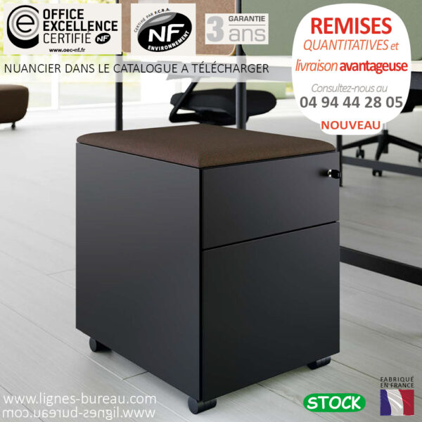 Caisson de bureau mobile 2 tiroirs design, en métal noir, avec coussin, Évolution