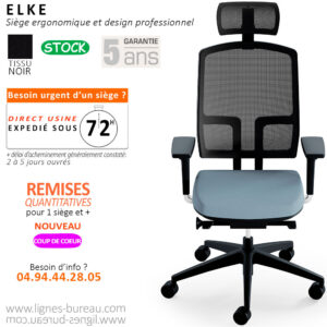 Chaise de bureau ergonomique de qualité professionnelle Elke, avec têtière et accoudoirs 4D