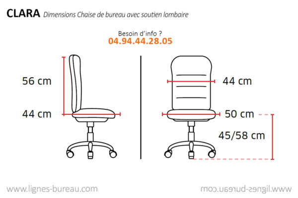 Dimensions de la chaise de bureau avec appui lombaire Clara