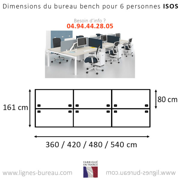 Dimensions du bureau bench pour 6 utilisateurs, Isos