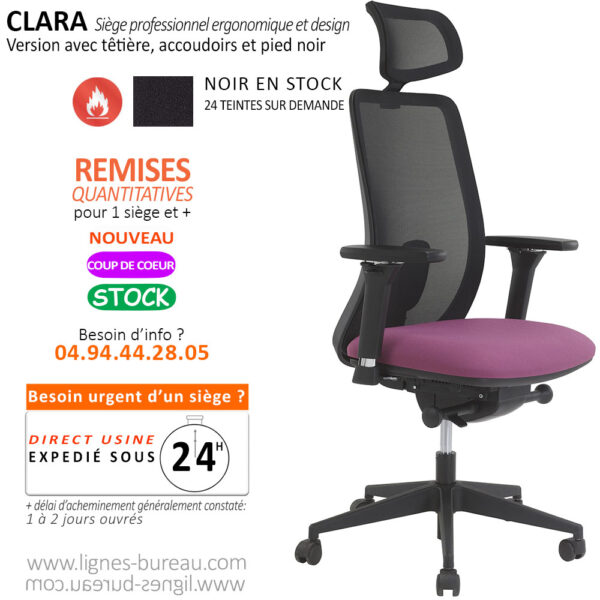 Siège de bureau avec support lombaire, têtière, accoudoirs réglables, pied noir, Clara