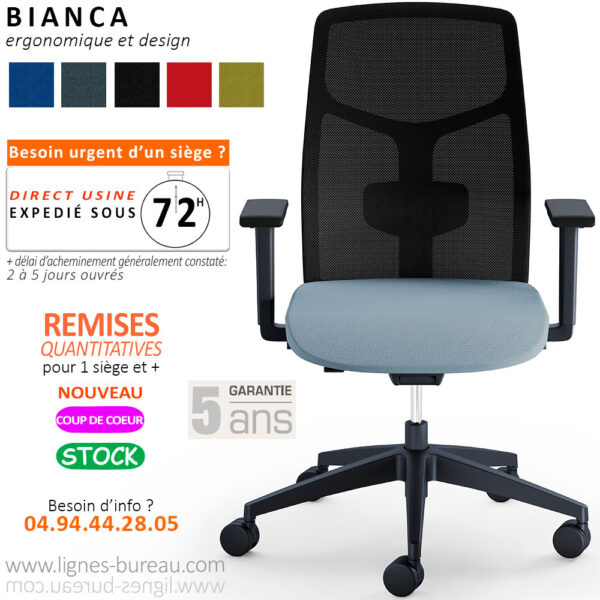 Siège de travail ergonomique design avec accoudoirs réglables, Bianca