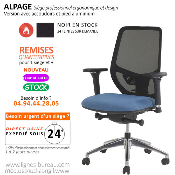 Siège ergonomique de bureau, design avec accoudoirs et pied alu Alpage