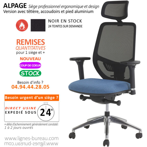 Siège ergonomique de bureau, synchrone, design, avec tissu non Feu M1, Alpage