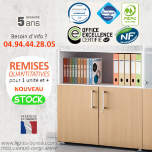 Armoire de bureau basse, portes et niche, bois clair et blanc, Colibri