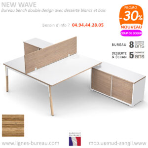 Bureau bench 2 personnes blanc et bois avec desserte de rangement, design, New Wave