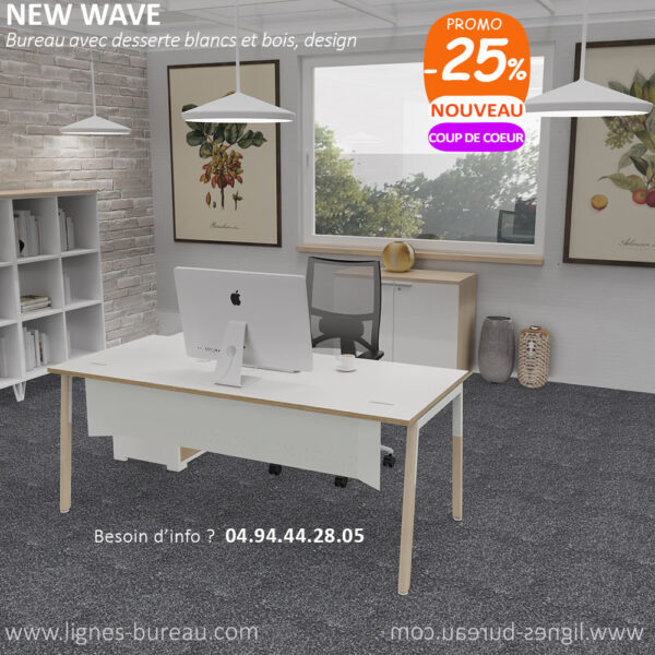 Bureau blanc et bois avec voile de fond blanc, New Wave