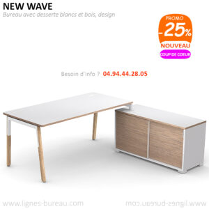 Bureau blanc pieds bois avec desserte de rangement, professionnel, NEW WAVE