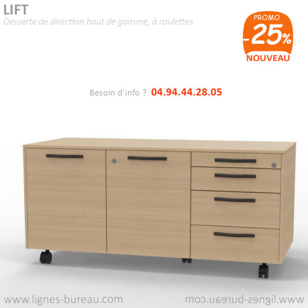 Desserte de bureau roulante design, chêne clair, 4 tiroirs, LIFT