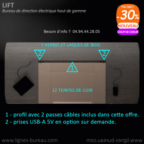 Majestueux plateau de bureau de direction bois et cuir, Lift