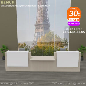 Banque d'accueil 2 personnes plus pmr, design moderne, chêne blanchi et blanc, Bench