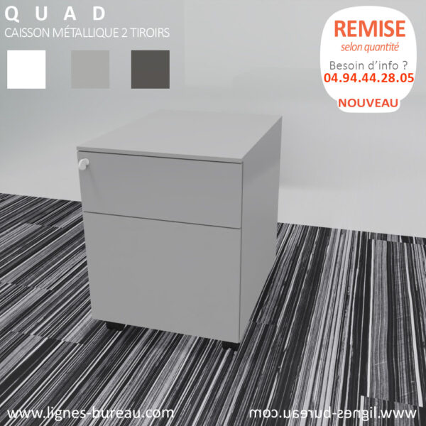 Caisson de bureau métallique à roulettes 2 tiroirs dont 1 DS, QUAD: vos dossiers suspendus à proximité – Image 2