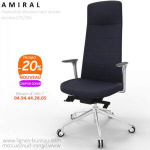 Fauteuil direction tissu bleu marine, haut de gamme, haut dossier, Amiral