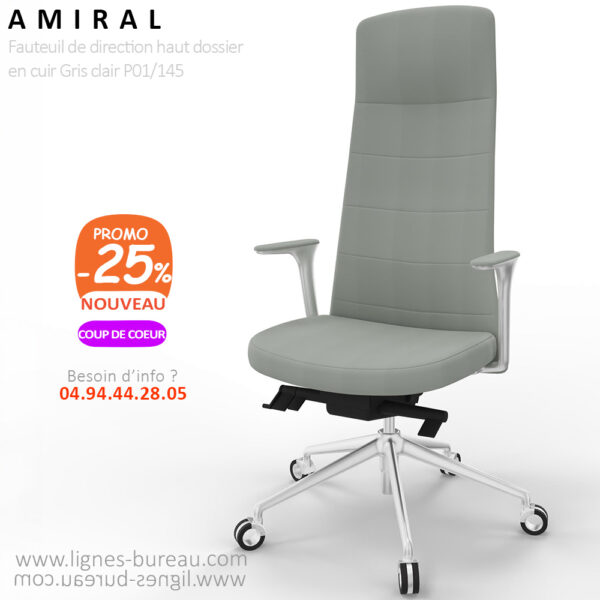 Fauteuil de direction cuir gris clair et aluminium brillant, design, haut de gamme, Amiral