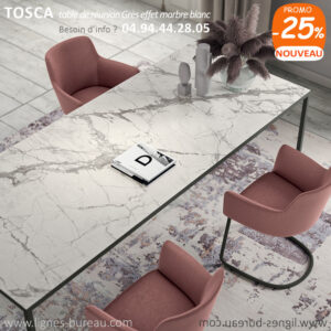 Table de réunion luxueuse, plateau marbre blanc en grès, pieds Gris Ombre, Tosca