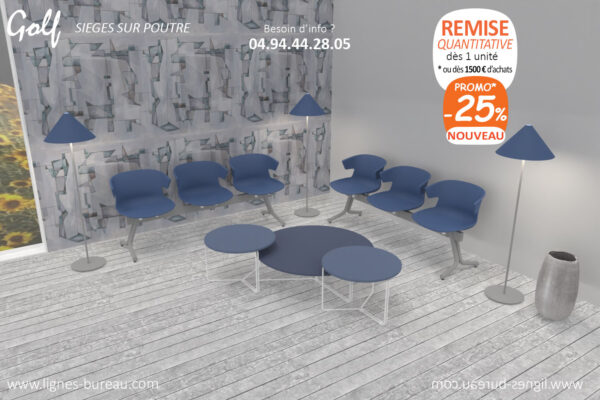 Poutre d'accueil 3 places pour salle d'attente moderne, Golf : avec le bleu crééz une ambiance dynamique ! – Image 2