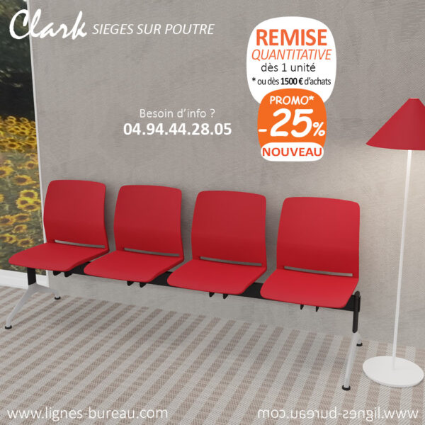 Banc chaise de salle d’attente, élégant, rouge, 4 places, Clark