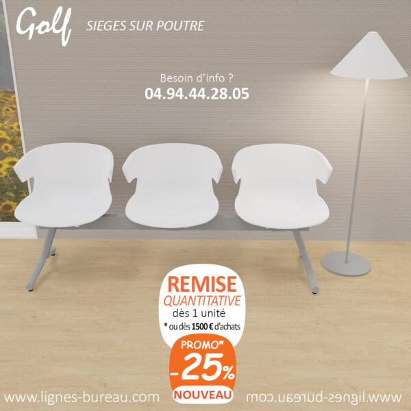 Banc d’attente modulable blanc, design contemporain, hygiénique, 3 places, Golf
