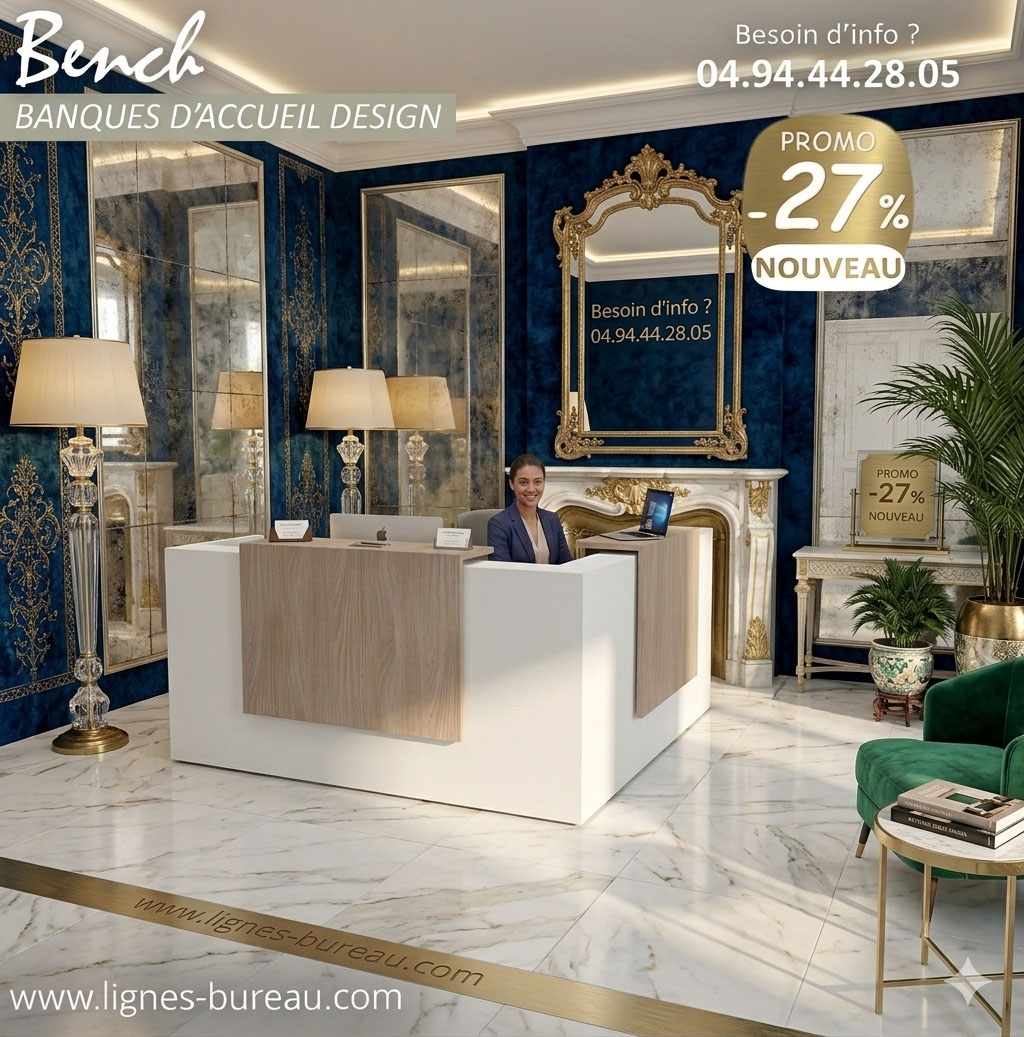 Banque d'accueil d'angle design moderne Bench en promotion - mobilier de réception professionnel élégant blanc et bois.