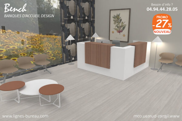 Banque d’accueil avec retour design, blanc et noyer canaletto, Bench