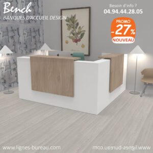Banque d’accueil d’angle design moderne, blanc et orme, Bench