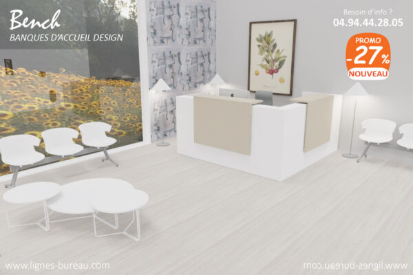 Banque d’accueil en l design, blanche et Orme Blanchi, Bench