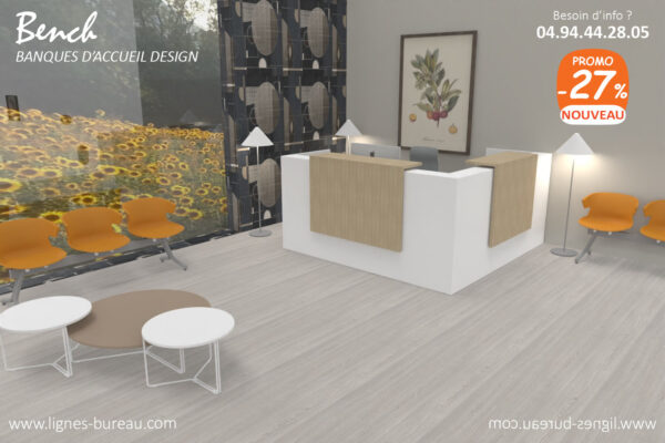 Banque d’accueil avec retour contemporain, blanc et chêne, Bench