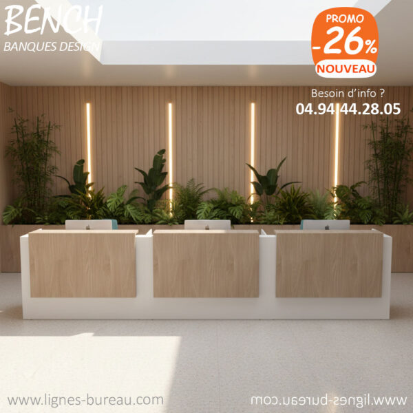 Banque d'accueil droite pour 3 personnes, design Bench, blanc et orme