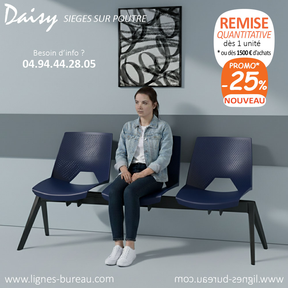 Chaise poutre 3 places pour salle d'attente au design moderne, bleu, Daisy