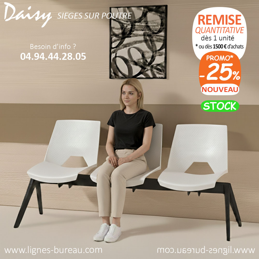 Chaise poutre d'accueil 3 places, blanche, design moderne, Daisy