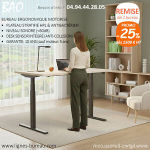 Bureau Flex Office Ergonomique Assis Debout à Mémorisation, Sable et noir, Bao