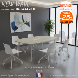 Table de réunion tonneau 6 personnes New Wave plateau finition peuplier et pieds blancs