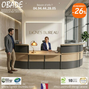 Banque d'accueil arrondie CLEN Obade finition chêne et façade noire avec module PMR